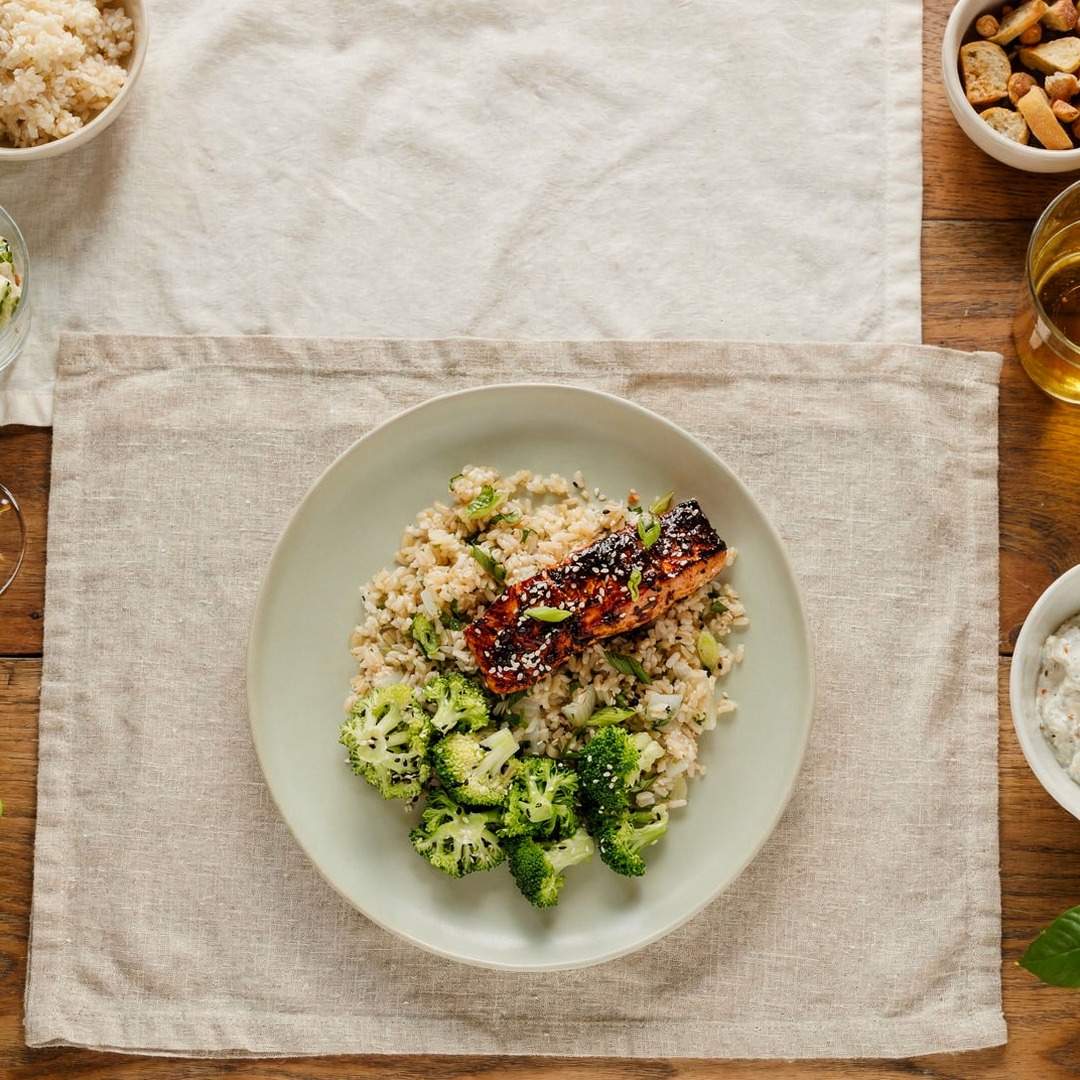 Overhead plate of a real Territory dinner, salmon with broccoli and grains