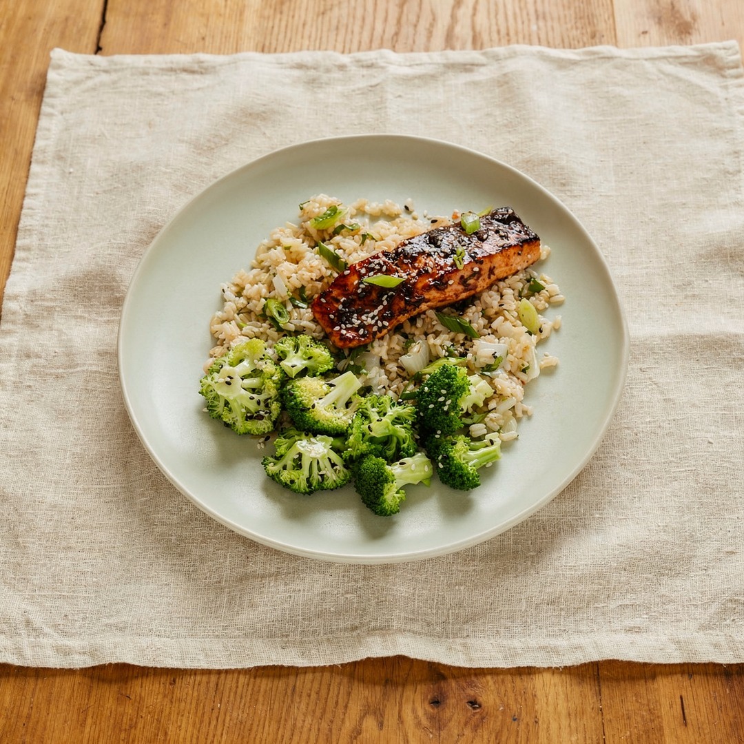 Overhead plate of a Territory meal, honest portion, on a cream table